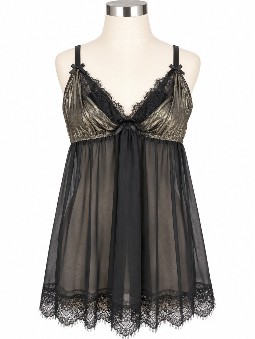 Cacique Lane Bryant Black Gold Foil Lace Babydoll Chemise Nightgown Sz 14/16